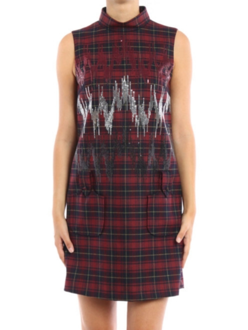 GIAMBA sequined Tartan Wool Dress Red Black Silver